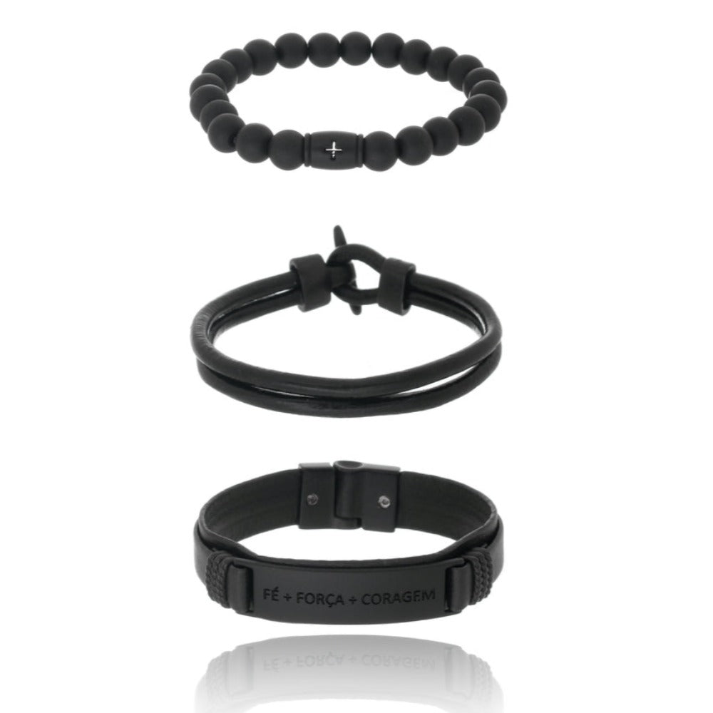 Kit de Pulseiras Masculino Fé, Força e Coragem - Universo Maschio