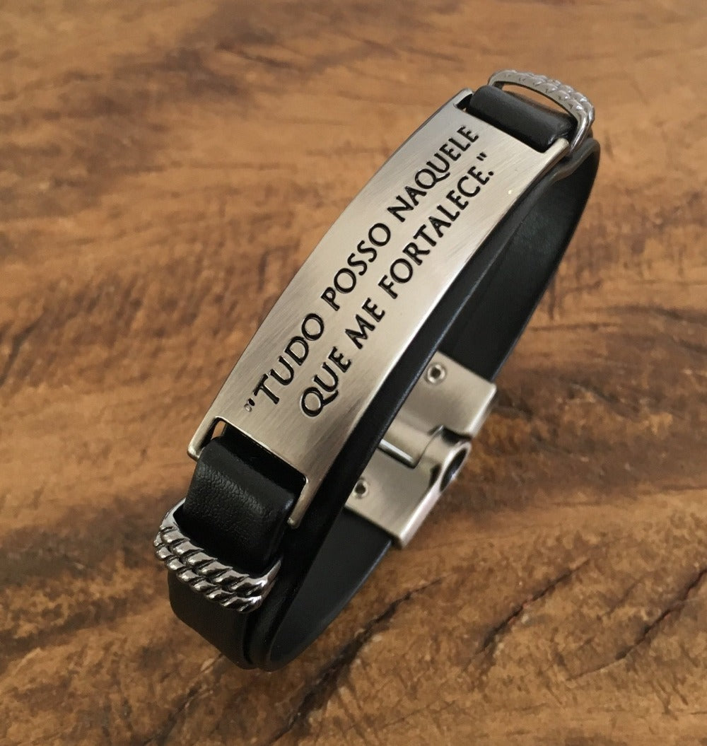 Pulseira de Couro “ Tudo posso Naquele que me Fortalece" Universo Maschio Cod. 06322 - Universo Maschio