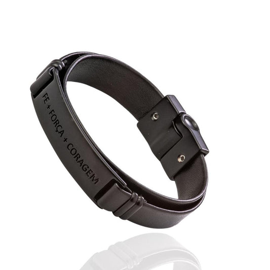 Pulseira de Couro "FÉ + FORÇA + CORAGEM" Cod. 06317 - Universo Maschio