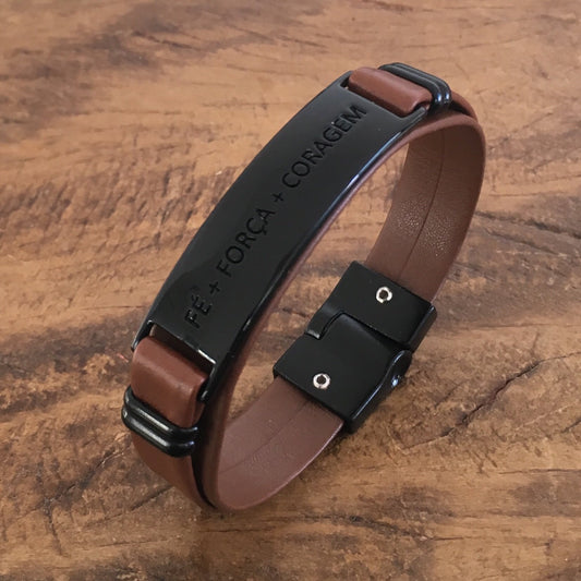 Pulseira de Couro Fé Força Coragem Universo Maschio Cod. 06303 - Universo Maschio