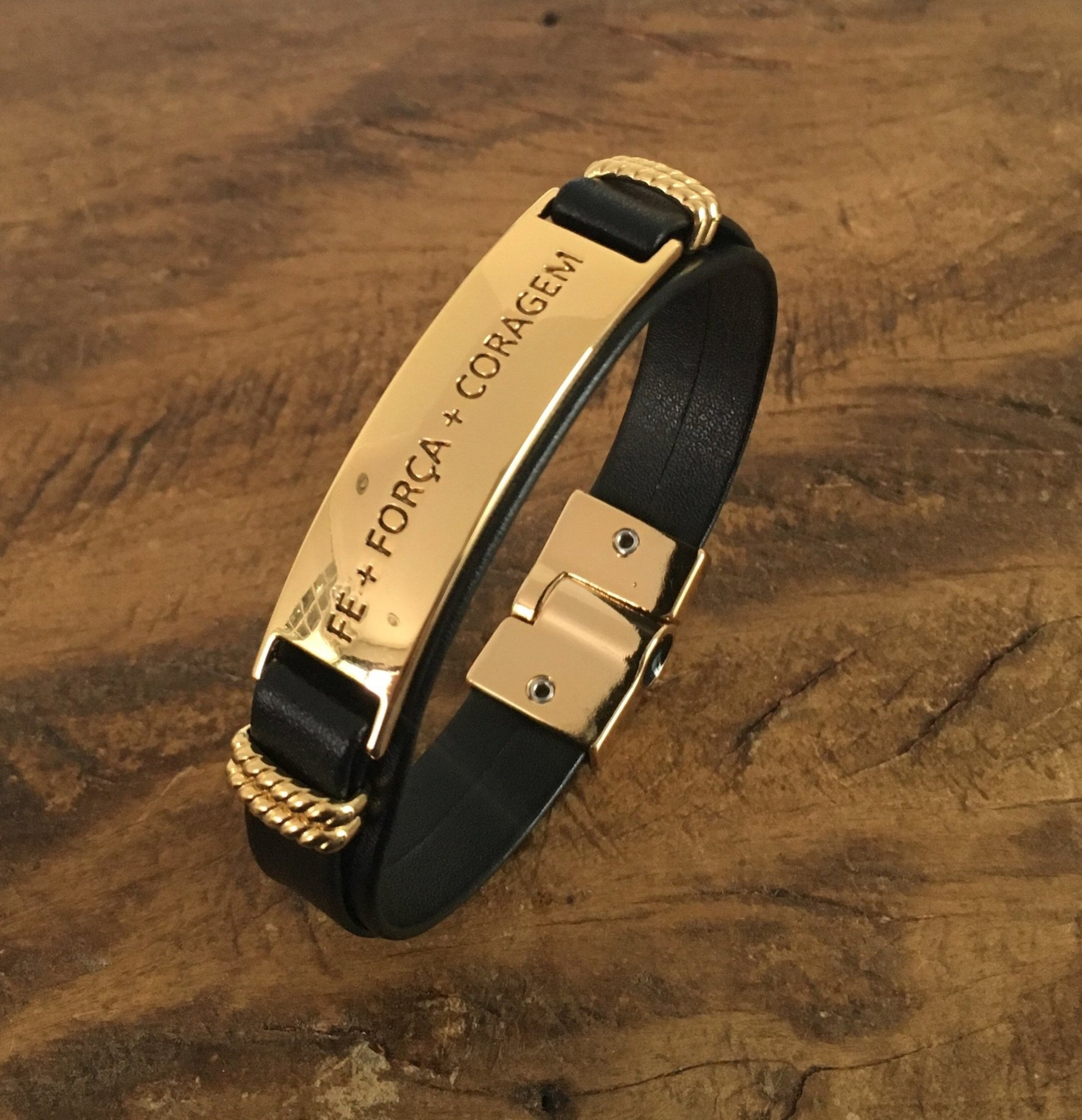 Pulseira de Couro Fé Força Coragem Universo Maschio Cod. 06335 - Universo Maschio
