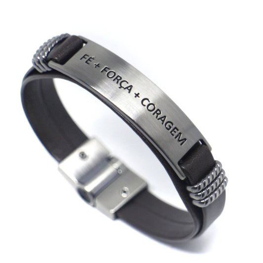 Pulseira de Couro Fé Força Coragem Universo Maschio Cod. 06354 - Universo Maschio