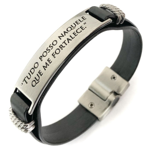 Pulseira de Couro “ Tudo posso Naquele que me Fortalece" Universo Maschio Cod. 06322 - Universo Maschio